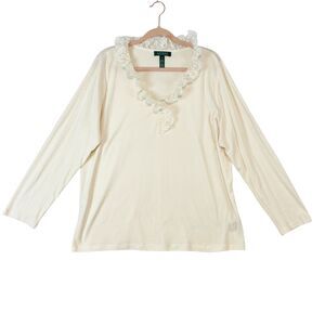 VTG‎ 90s Lauren Ralph Lauren Top Womens 2X Cream Lace Ruffle Cottage Coquette